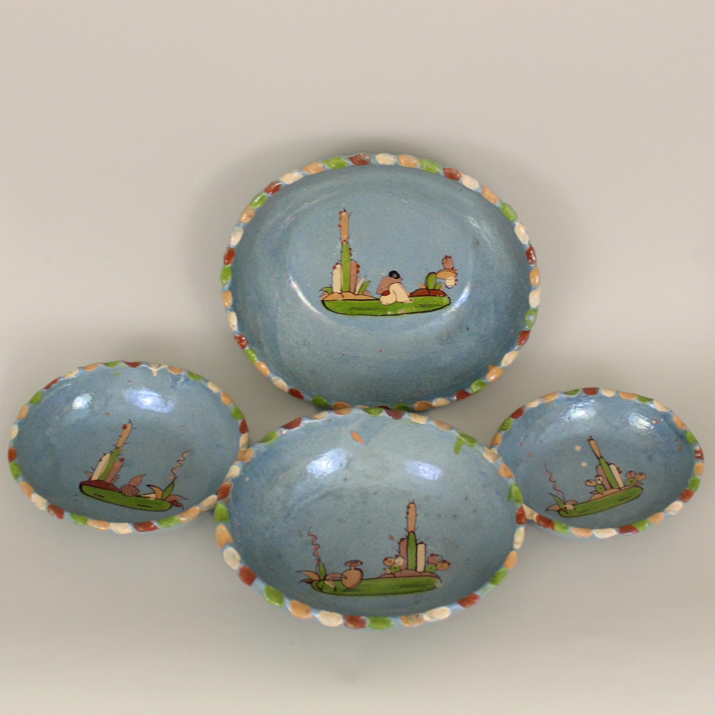 Vintage Pale Blue Mexican Pottery Set of 4