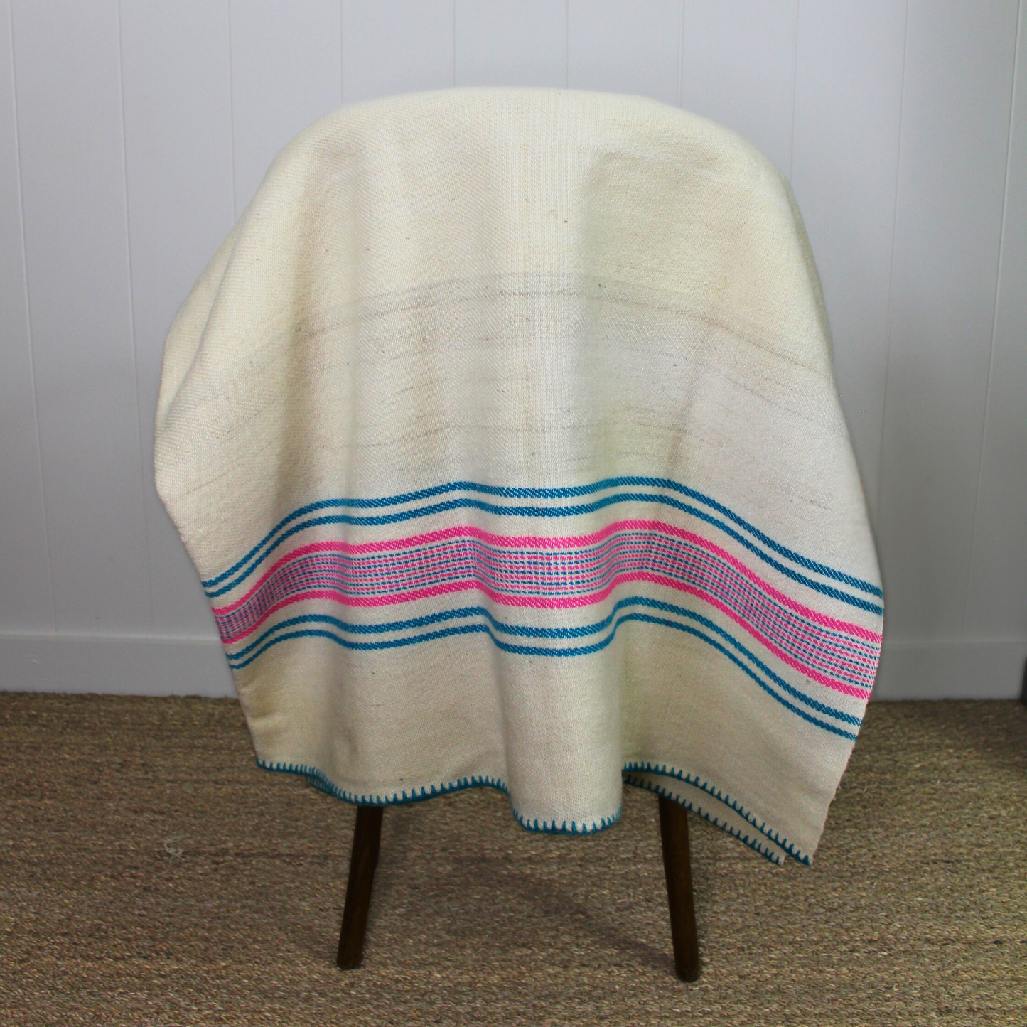 Vintage Handspun Woven Blanket w/ Pink and Green Stripes