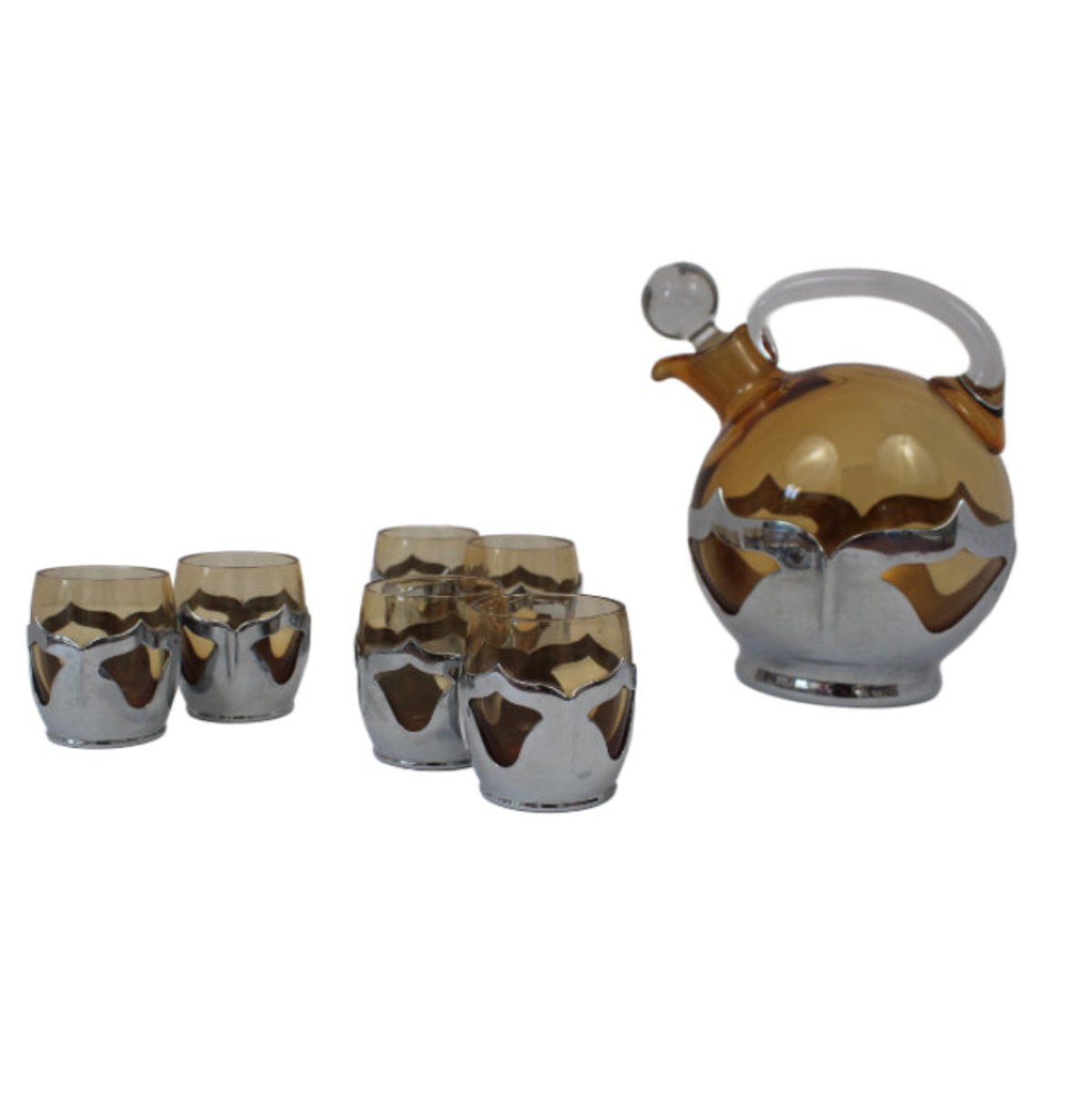 Vintage Amber Glass Decanter and 6 Glasses