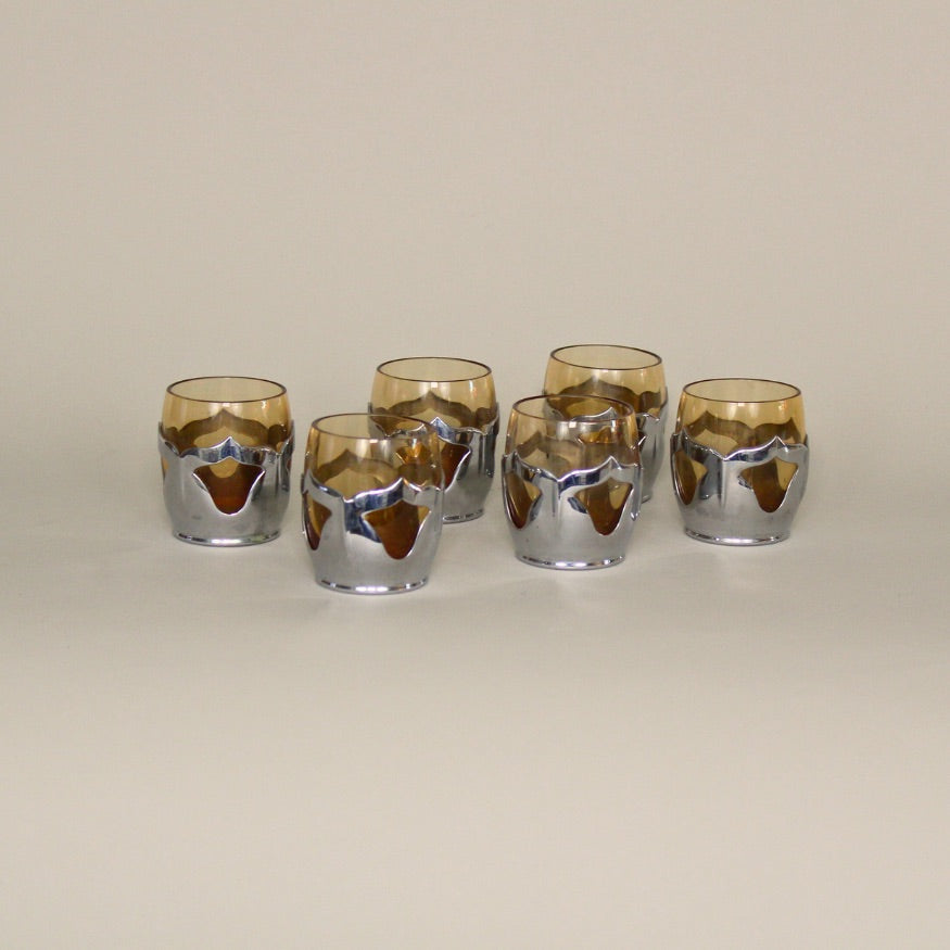 Vintage Amber Glass Decanter and 6 Glasses