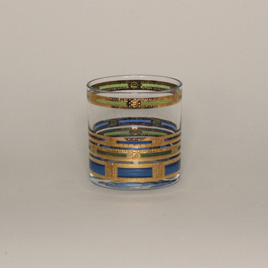 Culver Glass 22K Gold, Blue, Green Rocks Glasses s/4