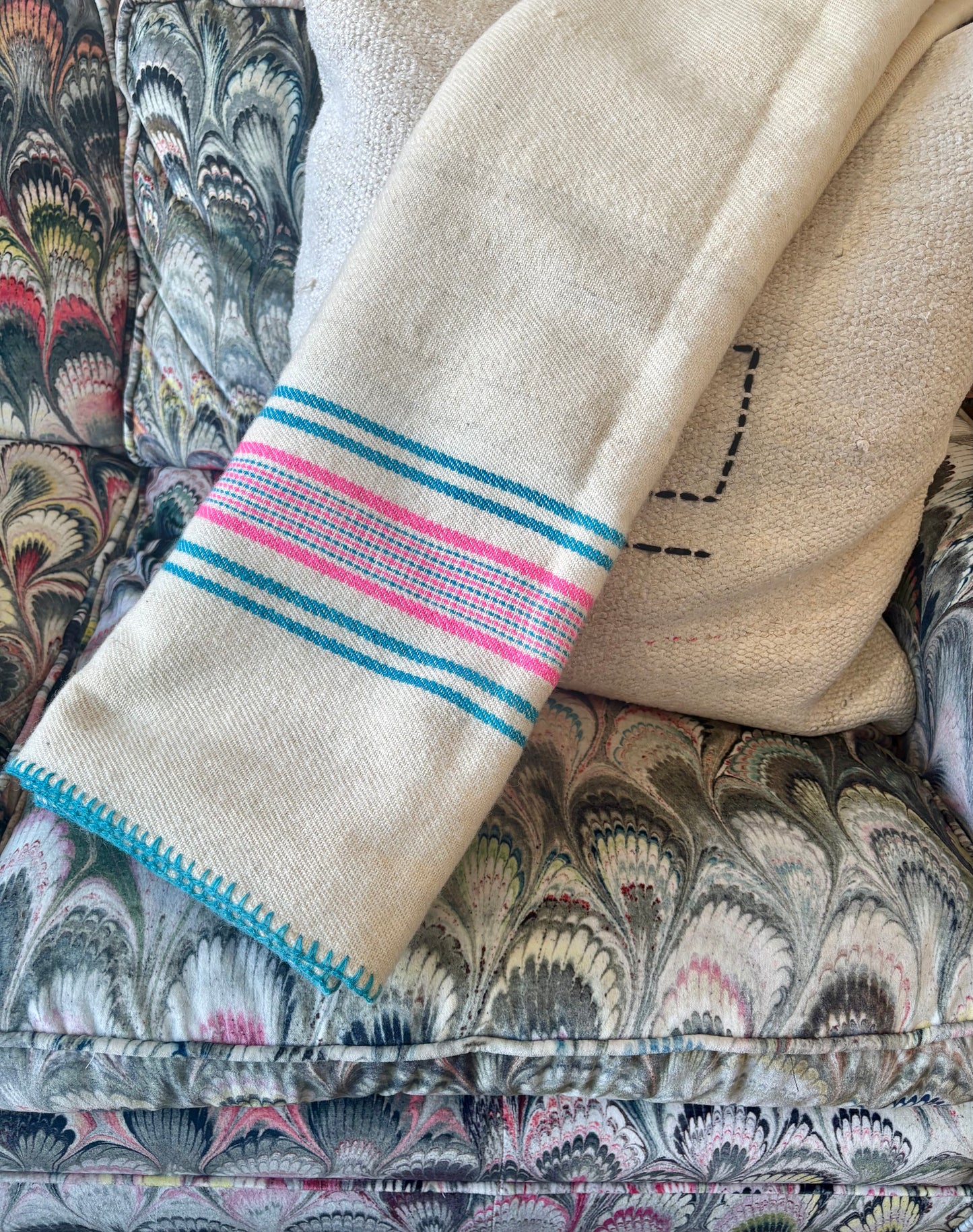 Vintage Handspun Woven Blanket w/ Pink and Green Stripes