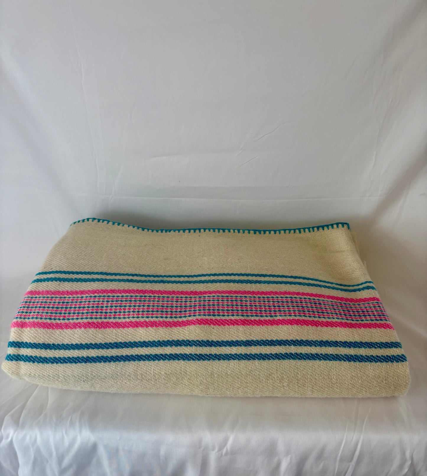 Vintage Handspun Woven Blanket w/ Pink and Green Stripes