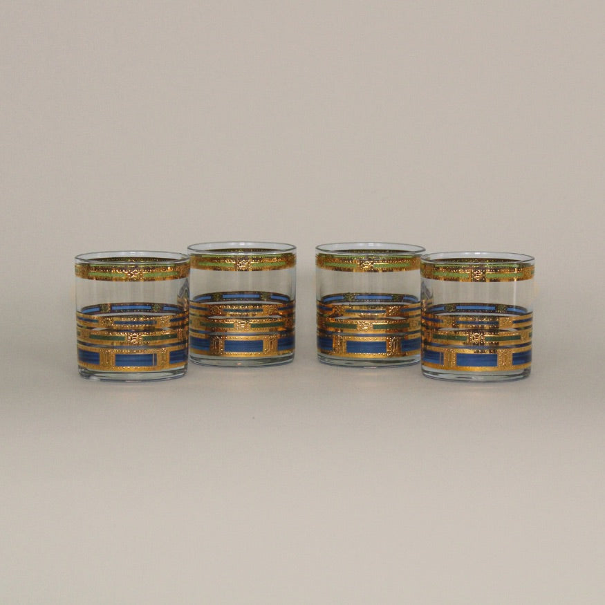 Culver Glass 22K Gold, Blue, Green Rocks Glasses s/4