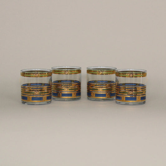 Culver Glass 22K Gold, Blue, Green Rocks Glasses s/4