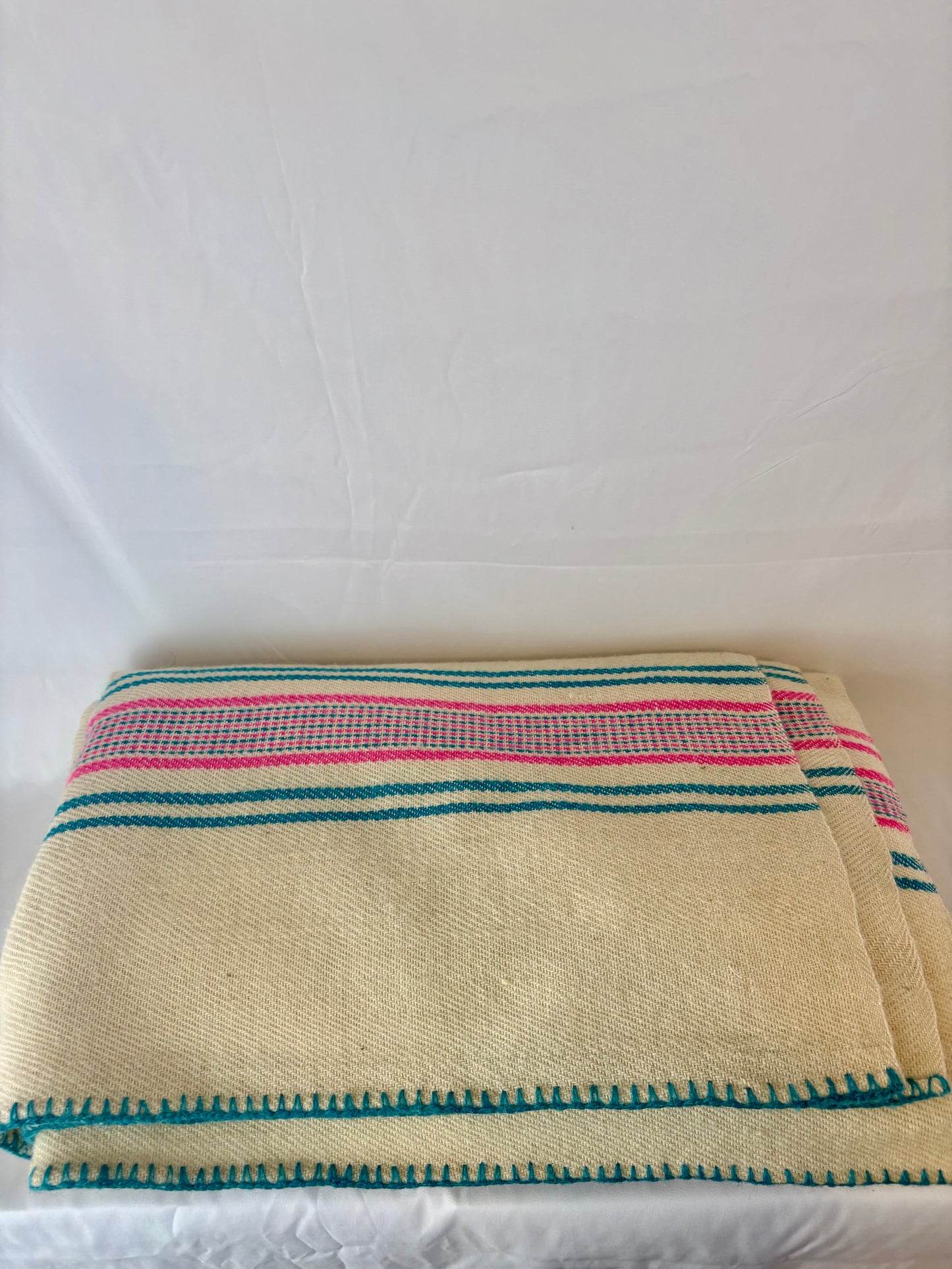 Vintage Handspun Woven Blanket w/ Pink and Green Stripes