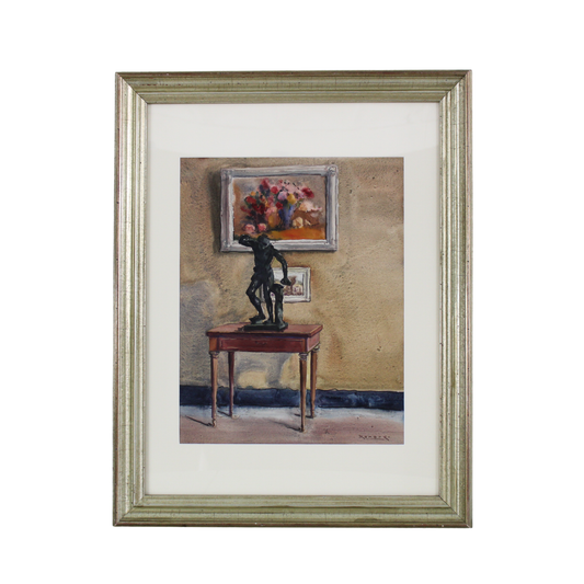 Vintage Raoul Monory Interior Watercolor c.1930's in Vtg Gilt Frame